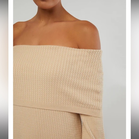 We Wore What Off The Shoulder Long Sleeve Knit Dress In Beige Size M - Picture 4 of 12